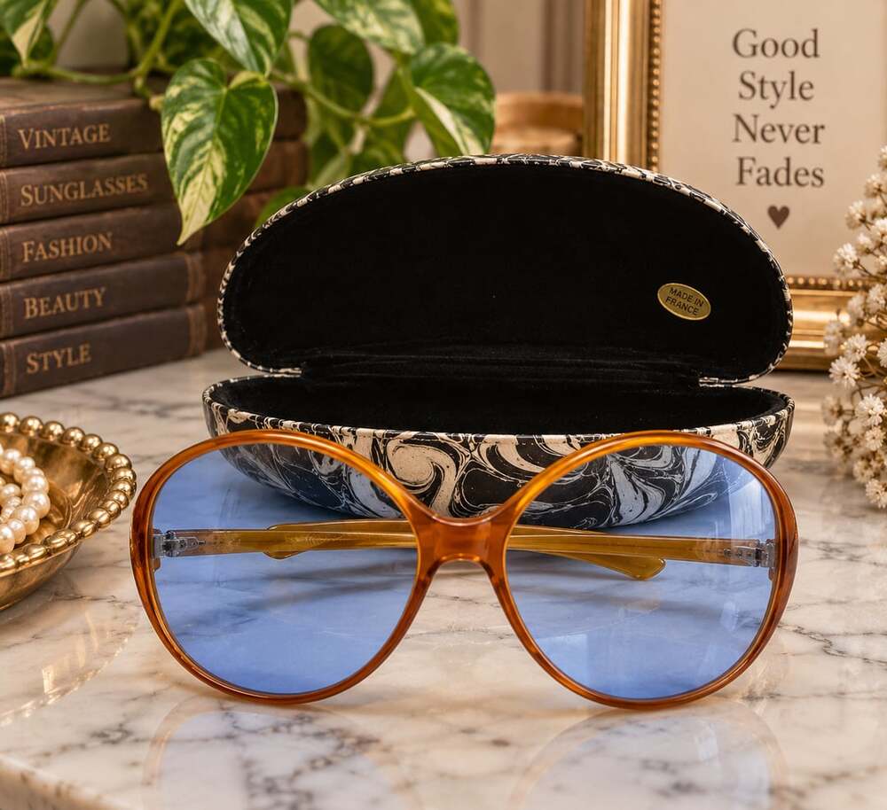 Renauld France Bug Eye Sunglasses Blue Tint Oversized Jackie O Vtg 70’s